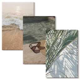 Canvas Wall Art Set Of 3 - Water Beach Hat & Sunglasses Leaves, Brown Photo Print, Landscapes Hanging Piece - thumbnail 1