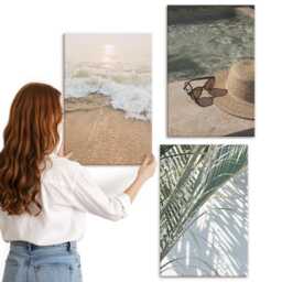 Canvas Wall Art Set Of 3 - Water Beach Hat & Sunglasses Leaves, Brown Photo Print, Landscapes Hanging Piece - thumbnail 2