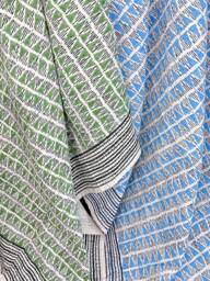 Kantha Stitch Pure Cotton Reversible Bed/Sofa Throw King Size Handmade Dohar - White Green Geometric Triangle Chevron Wave Stripe - thumbnail 1