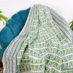 Kantha Stitch Pure Cotton Reversible Bed/Sofa Throw King Size Handmade Dohar - White Green Geometric Triangle Chevron Wave Stripe - thumbnail 2
