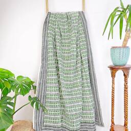 Kantha Stitch Pure Cotton Reversible Bed/Sofa Throw King Size Handmade Dohar - White Green Geometric Triangle Chevron Wave Stripe - thumbnail 3