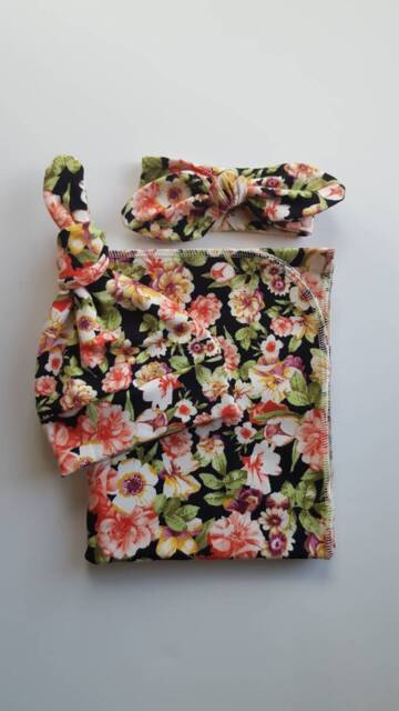 Swaddle Blanket & Newborn Hat Or Headband Set. Girl Take Home Black Floral Baby Shower Gift. Photo Prop - image 1