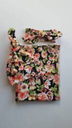 Swaddle Blanket & Newborn Hat Or Headband Set. Girl Take Home Black Floral Baby Shower Gift. Photo Prop - thumbnail 1