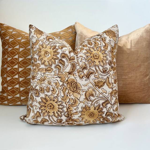 Gold & Cognac Brown Floral Decorative Pillow Cover - image 1