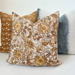 Gold & Cognac Brown Floral Decorative Pillow Cover - thumbnail 2