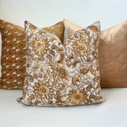 Gold & Cognac Brown Floral Decorative Pillow Cover - thumbnail 1