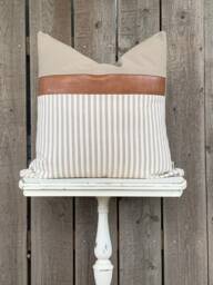 1 Modern Farmhouse Striped Pillow Cover Faux Leather Accent - Woven Stripe Cream Backing Zipper Closure Choose Your Color