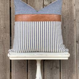 1 Modern Farmhouse Striped Pillow Cover Faux Leather Accent - Woven Stripe Cream Backing Zipper Closure Choose Your Color - thumbnail 3