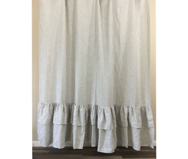Grey & White Striped Shower Curtain With Double Mermaid Ruffles, Enchantingly Ravishing Mildew-Free, 72x72, 72x85, 72x94, Or Custom Size - image 1