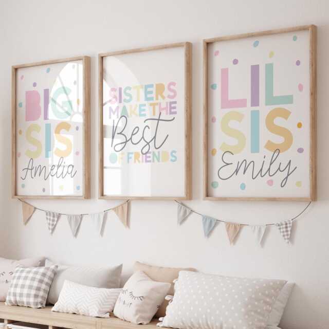 Set Of 3 Sister Bedroom Prints, Wall Art, Girls Decor, Pastel Rainbow, Rainbow Personalised, Shared - image 1