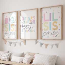 Set Of 3 Sister Bedroom Prints, Wall Art, Girls Decor, Pastel Rainbow, Rainbow Personalised, Shared - thumbnail 1