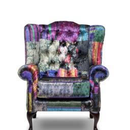 Chesterfield High Back Wing Classic Chair in Patchwork Velvet - thumbnail 2