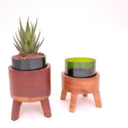 Repurposed Champagne Bottle Desk Planter Pot With A Wooden Stand - Kitchen Window Succulent Holder - thumbnail 3
