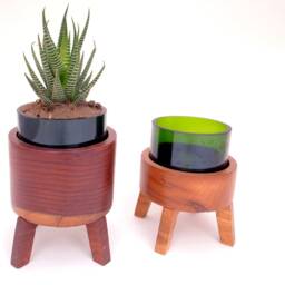 Repurposed Champagne Bottle Desk Planter Pot With A Wooden Stand - Kitchen Window Succulent Holder - thumbnail 2