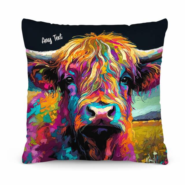 Highland Cow - Bright Colours 26cm X Personalised Text & Photo Cushion - image 1