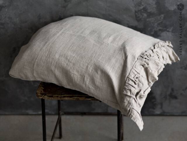 Natural Unbleached Linen Pillow Sham With Ruffles -Softened Pillow-standard, Queen, King Sizes - image 1