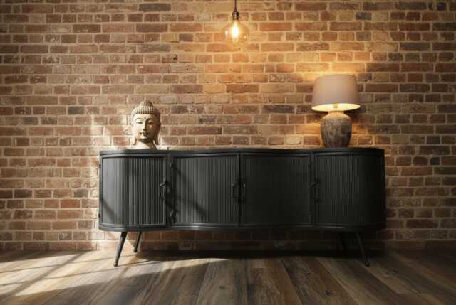 Ribbed Metal Storage Cabinet - Curved Industrial Sideboard Tv Stand Console Retro Lounge Wide 150cm 3 Cupboards - image 1
