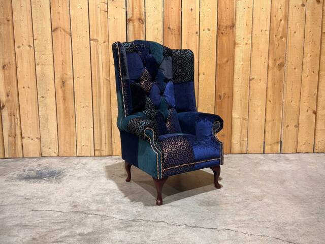 Unique Navy & Teal Blue Patterned Velvet Patchwork Chesterfield High Back Wing Chair, British Handmade - image 1