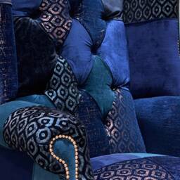 Unique Navy & Teal Blue Patterned Velvet Patchwork Chesterfield High Back Wing Chair, British Handmade - thumbnail 4
