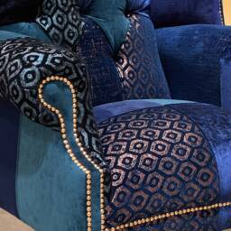 Unique Navy & Teal Blue Patterned Velvet Patchwork Chesterfield High Back Wing Chair, British Handmade - thumbnail 3