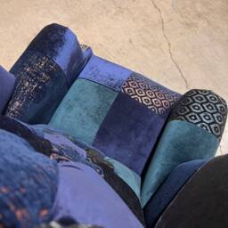Unique Navy & Teal Blue Patterned Velvet Patchwork Chesterfield High Back Wing Chair, British Handmade - thumbnail 2