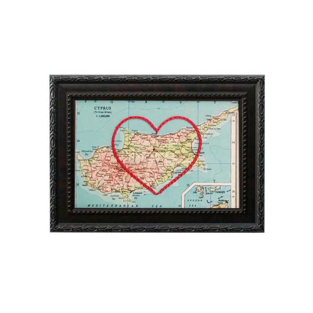 Cyprus Heart Map - Custom Gift Greek Anniversary Framed Wedding Vintage Print Of With Hand-Embroidered - image 1
