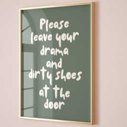 Please Leave Your Drama & Dirty Shoes At The Door Art Print, Funny Hallway Wall Family Home Entryway Sign, Green & Cream Decor - thumbnail 2