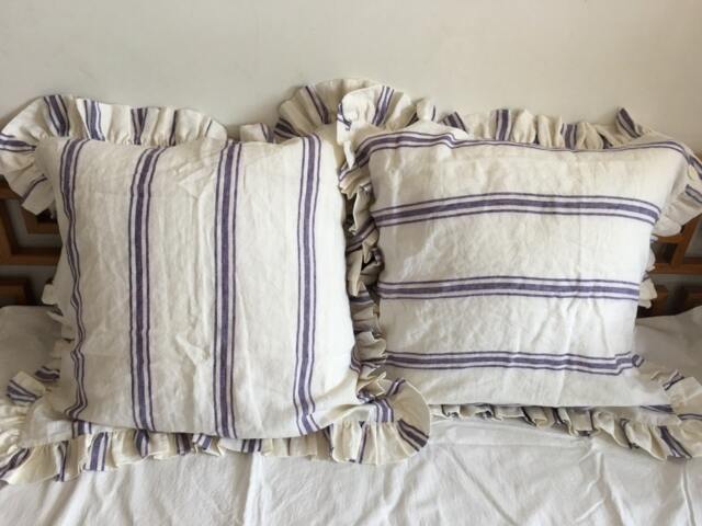 Pair Ruffled Linen Euro Shams - Shabby Chic Pre-Washed 100% Flax, Pillowcase Covers Blue & White Stripes, Red Pin Stripes - image 1