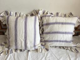 Pair Ruffled Linen Euro Shams - Shabby Chic Pre-Washed 100% Flax, Pillowcase Covers Blue & White Stripes, Red Pin Stripes - thumbnail 1
