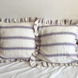 Pair Ruffled Linen Euro Shams - Shabby Chic Pre-Washed 100% Flax, Pillowcase Covers Blue & White Stripes, Red Pin Stripes - thumbnail 2