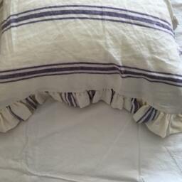 Pair Ruffled Linen Euro Shams - Shabby Chic Pre-Washed 100% Flax, Pillowcase Covers Blue & White Stripes, Red Pin Stripes - thumbnail 3