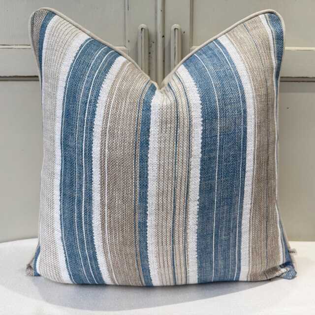 Fermoie Carskiey Broad Stripe Designer Blue Beige Linen Cushion Pillow Cover - image 1