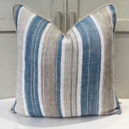 Fermoie Carskiey Broad Stripe Designer Blue Beige Linen Cushion Pillow Cover - thumbnail 1