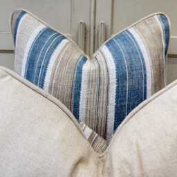 Fermoie Carskiey Broad Stripe Designer Blue Beige Linen Cushion Pillow Cover - thumbnail 3
