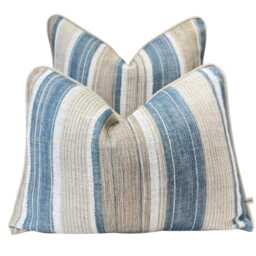 Fermoie Carskiey Broad Stripe Designer Blue Beige Linen Cushion Pillow Cover - thumbnail 2