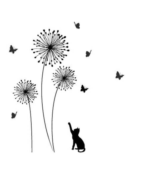 Dandelions With Cat Decal, Stylish Modern Flower Decals For Walls Butterfly Wall Sticker Stick On Art By Decalisland Sd 009 - image 1
