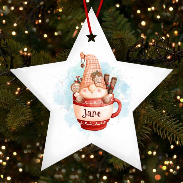 Gnome Sitting in Festive Cup Personalised Christmas Tree Ornament Decoration