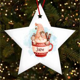 Gnome Sitting in Festive Cup Personalised Christmas Tree Ornament Decoration