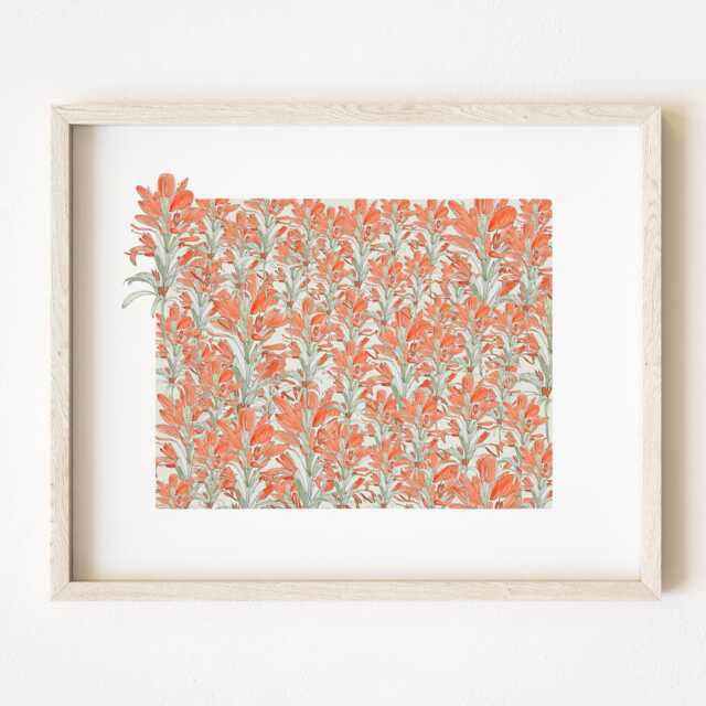 Wyoming State Flower Map Watercolor Scarlet Paintbrush - Art Print Wall Graduation Wedding Anniversary Realtor Moving Gift - image 1