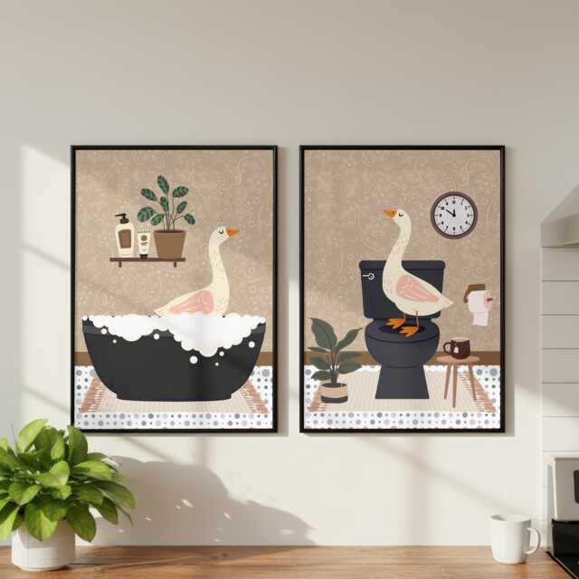 Geese Bathroom Prints, Bath & Toilet Art, Set Of Two Brown Goose Prints - image 1