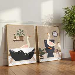 Geese Bathroom Prints, Bath & Toilet Art, Set Of Two Brown Goose Prints - thumbnail 2