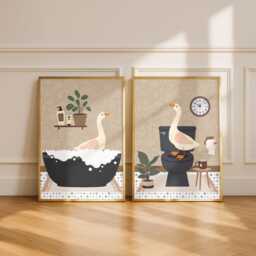 Geese Bathroom Prints, Bath & Toilet Art, Set Of Two Brown Goose Prints - thumbnail 3