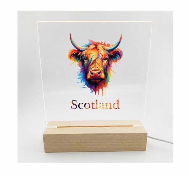 Colourful Highland Cow & Scotland Text Led Night Light Desk Up Sign Bedroom Office D??cor - Uv Printed - image 1