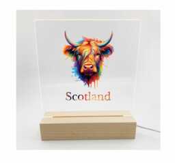 Colourful Highland Cow & Scotland Text Led Night Light Desk Up Sign Bedroom Office D??cor - Uv Printed - thumbnail 1