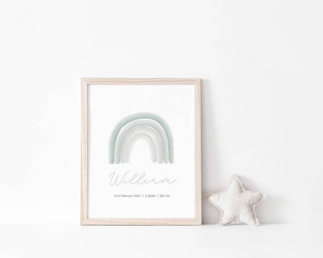 Personalised Name Sage Green Grey Rainbow Print, Baby Girl, Nursery Prints, Boys Bedroom, Gift, Neutral Nursery, Wall Art, New Baby, A3 - image 1
