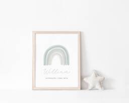 Personalised Name Sage Green Grey Rainbow Print, Baby Girl, Nursery Prints, Boys Bedroom, Gift, Neutral Nursery, Wall Art, New Baby, A3 - thumbnail 1