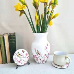 Pink Cherry Blossom Glass Vase & Slate Coasters Gift Set, Hand Decorated - thumbnail 1