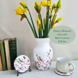 Pink Cherry Blossom Glass Vase & Slate Coasters Gift Set, Hand Decorated - thumbnail 3