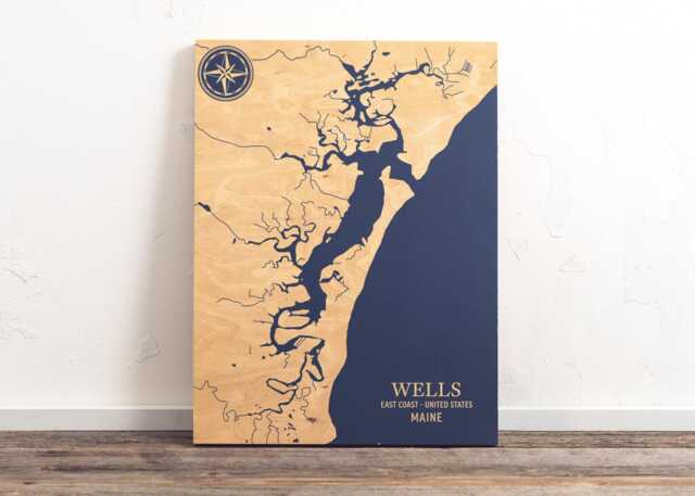 Wells, Maine Map - Engraved Wood Coastal Chart Wall Art Sign, Beach House Home Decor Nautical Life Print, Unique Personalized Family Gift - image 1