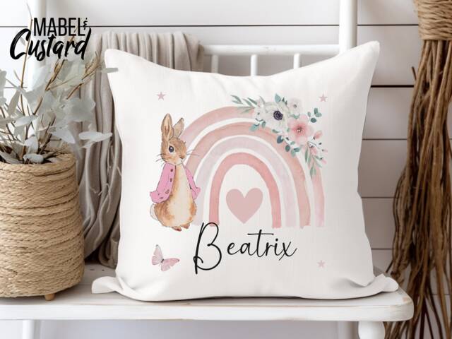 Personalised Peter Rabbit Cushion, Girls Pink Floral Gift, Bedroom Decor, Daughter, Granddaughter, 1st 2nd 3rd Birthday Gift - image 1